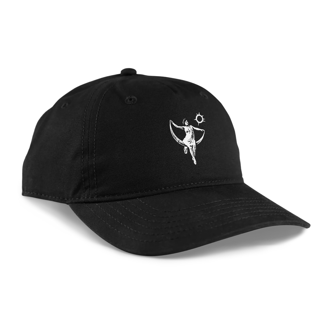 Black unstructured cap with white print 