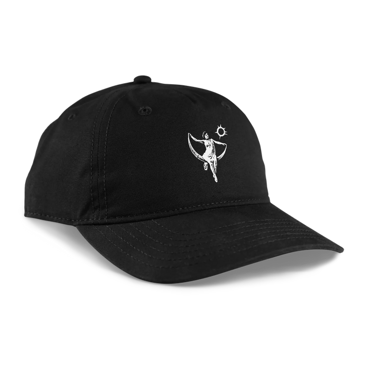 Black unstructured cap with white print 