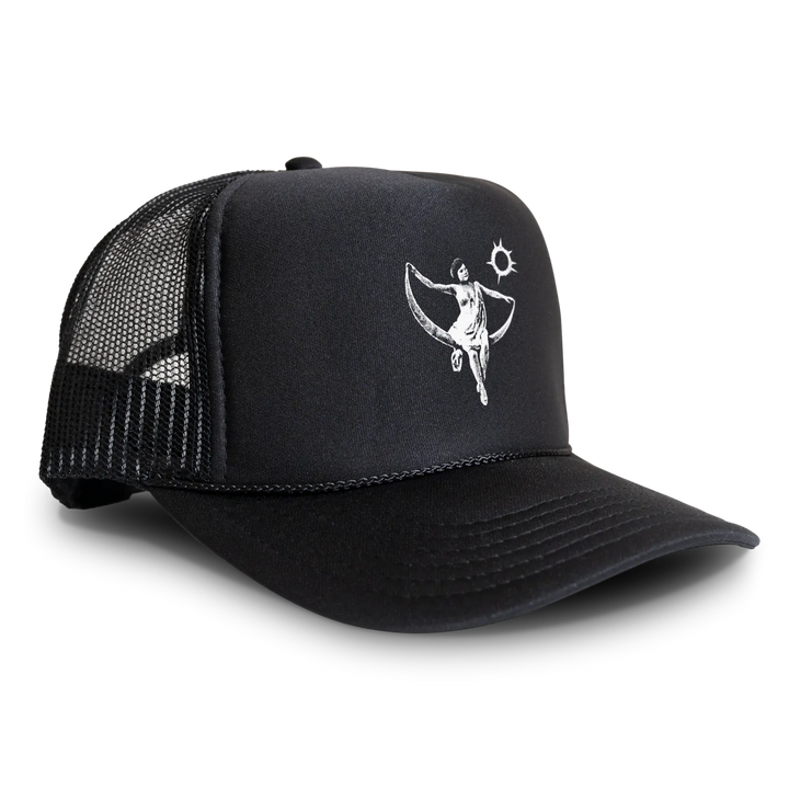 A classic foam-front black trucker-style cap with a white graphic 