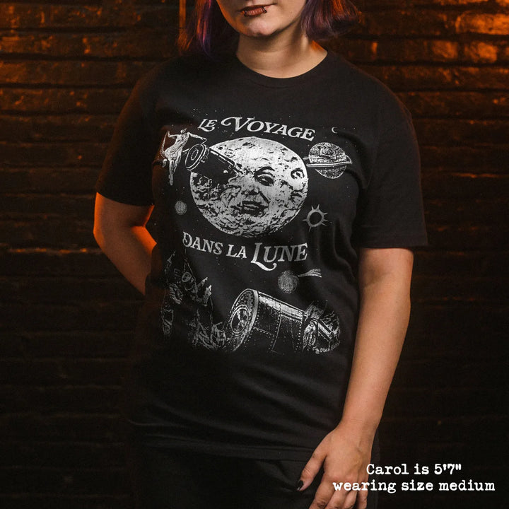 Model wearing black premium tee with a trip to the moon graphic 