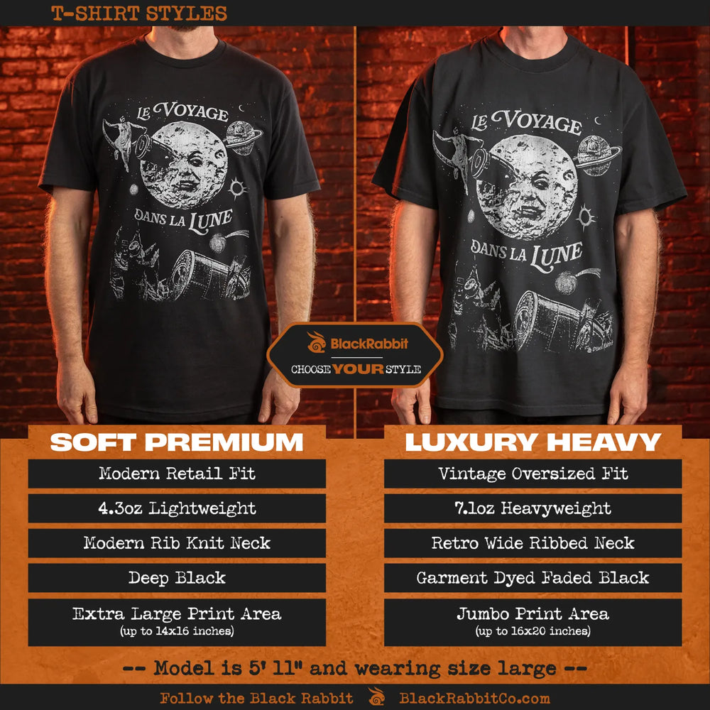 Comparison of two black t-shirt styles with a ’Le Voyage Dans La Lune’ graphic.