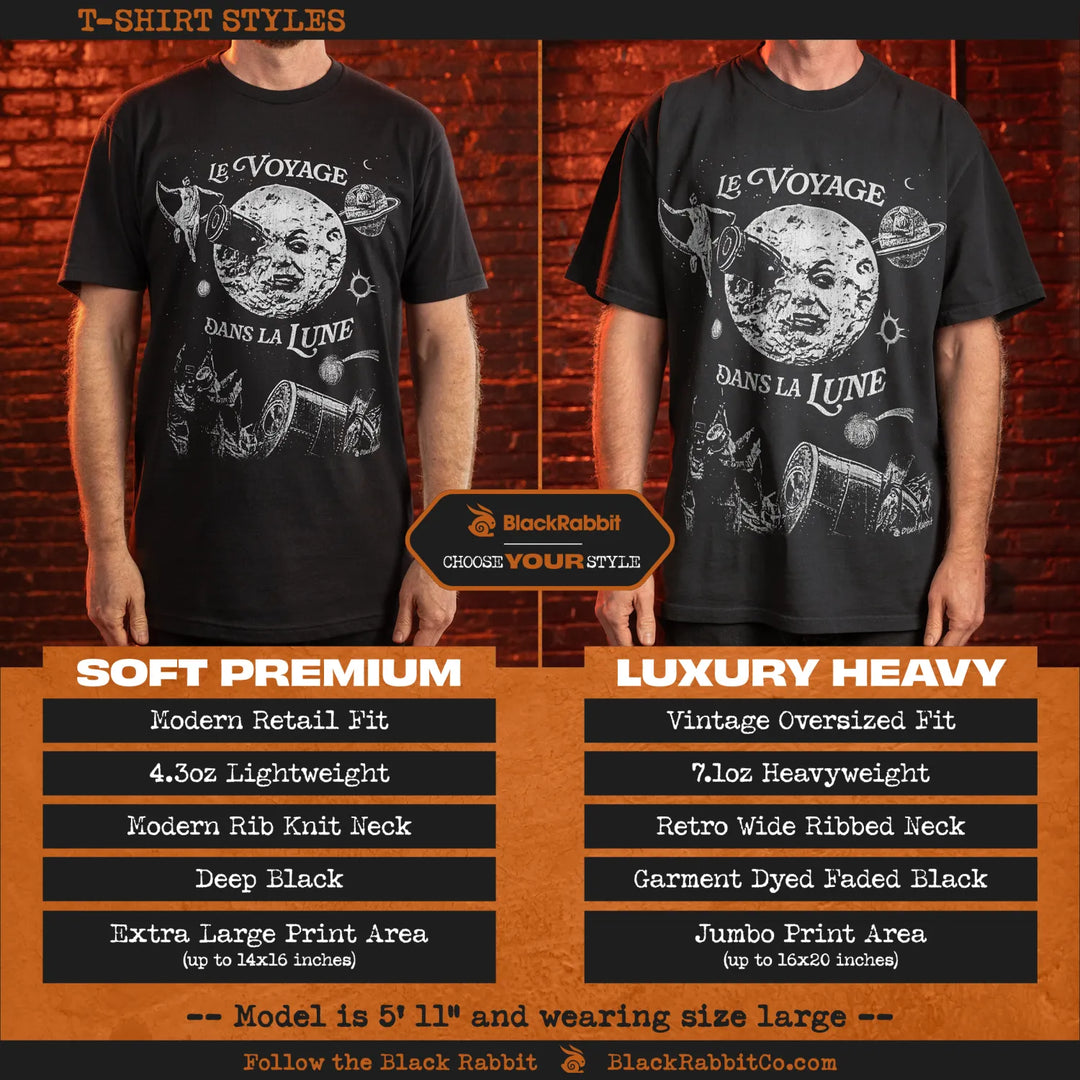 Comparison of two black t-shirt styles with a ’Le Voyage Dans La Lune’ graphic.