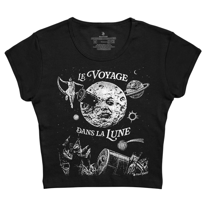 Black short-sleeved t-shirt featuring a white graphic print of the moon with a face, planets, and space-themed illustrations around it.