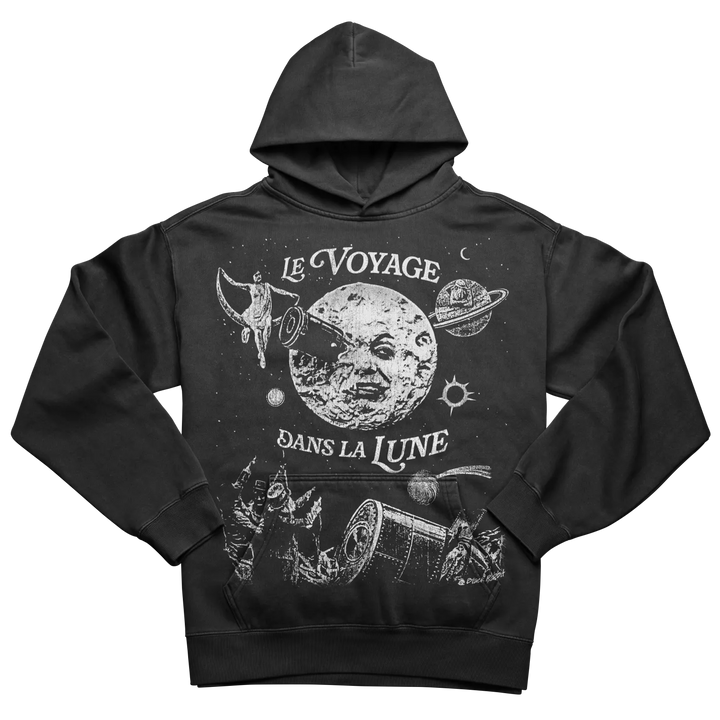 A black hooded sweatshirt with a white graphic print featuring celestial bodies and vintage space exploration imagery.