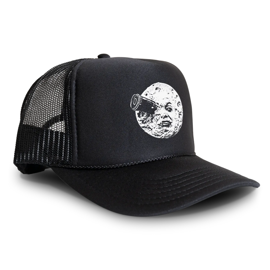 A classic foam-front black trucker hat with a white graphic of a moon featuring a face #options_foam*