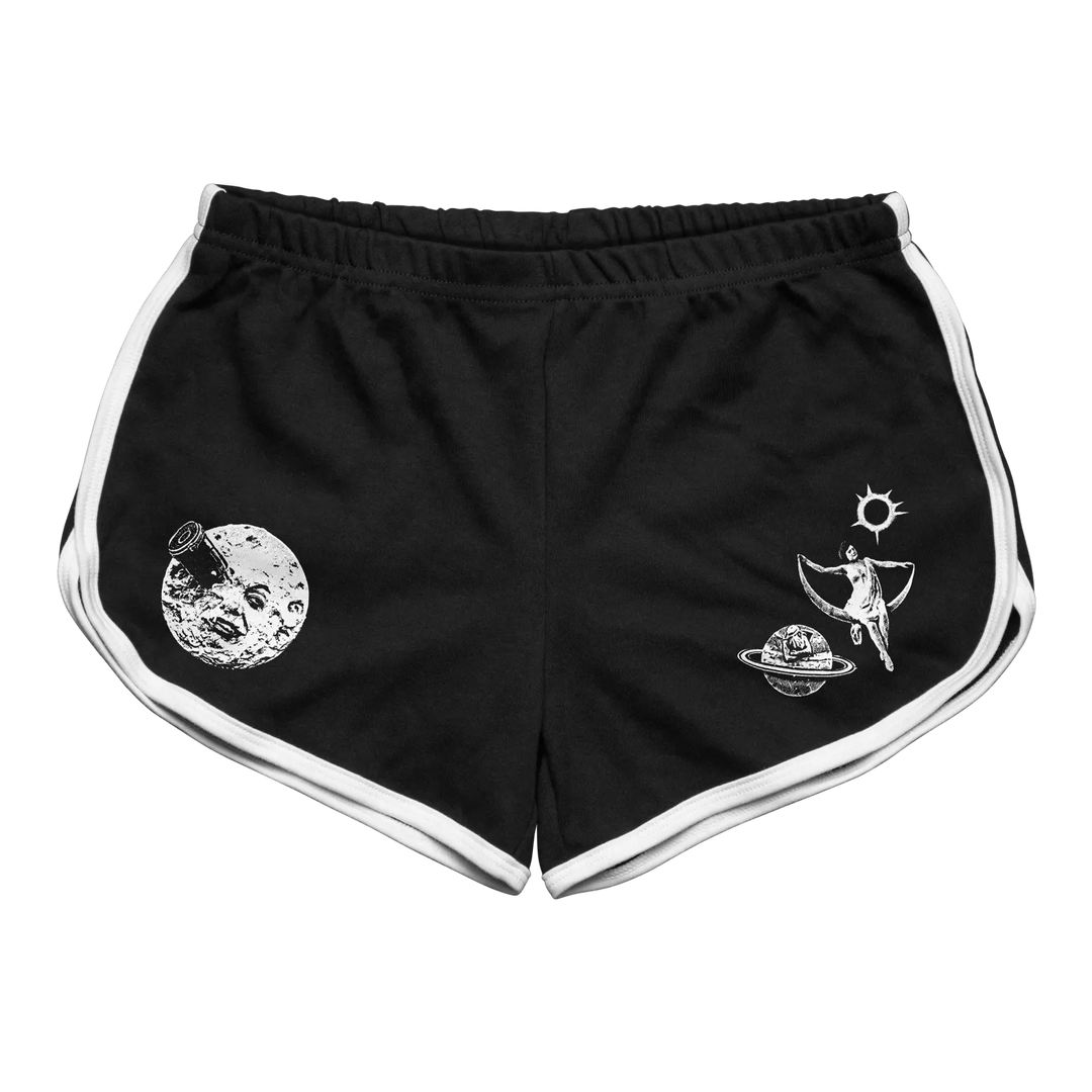 Black rabbit a trip to the moon women’s retro sport shorts with elastic waistband and space-themed white trim graphics