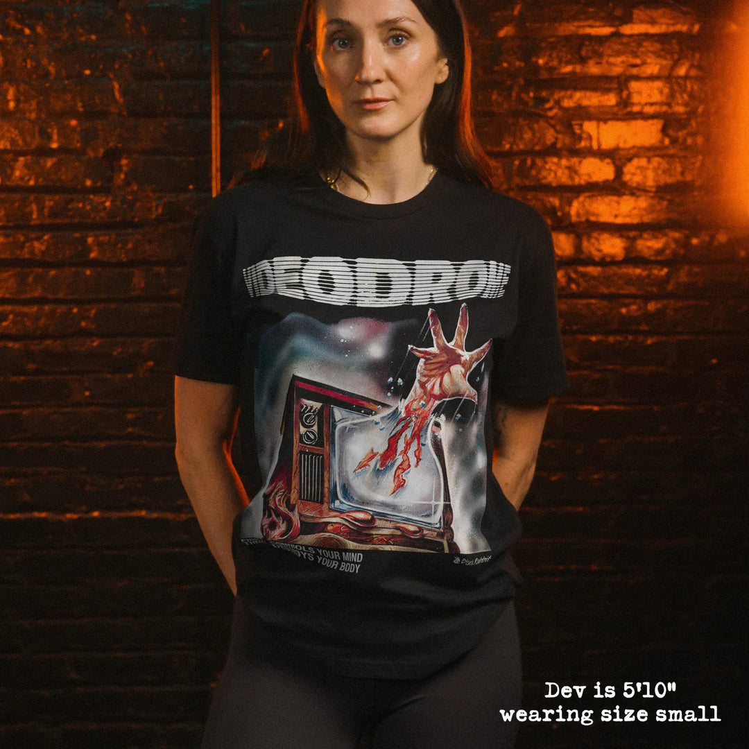 model wear soft premium tee with videodrome graphic
