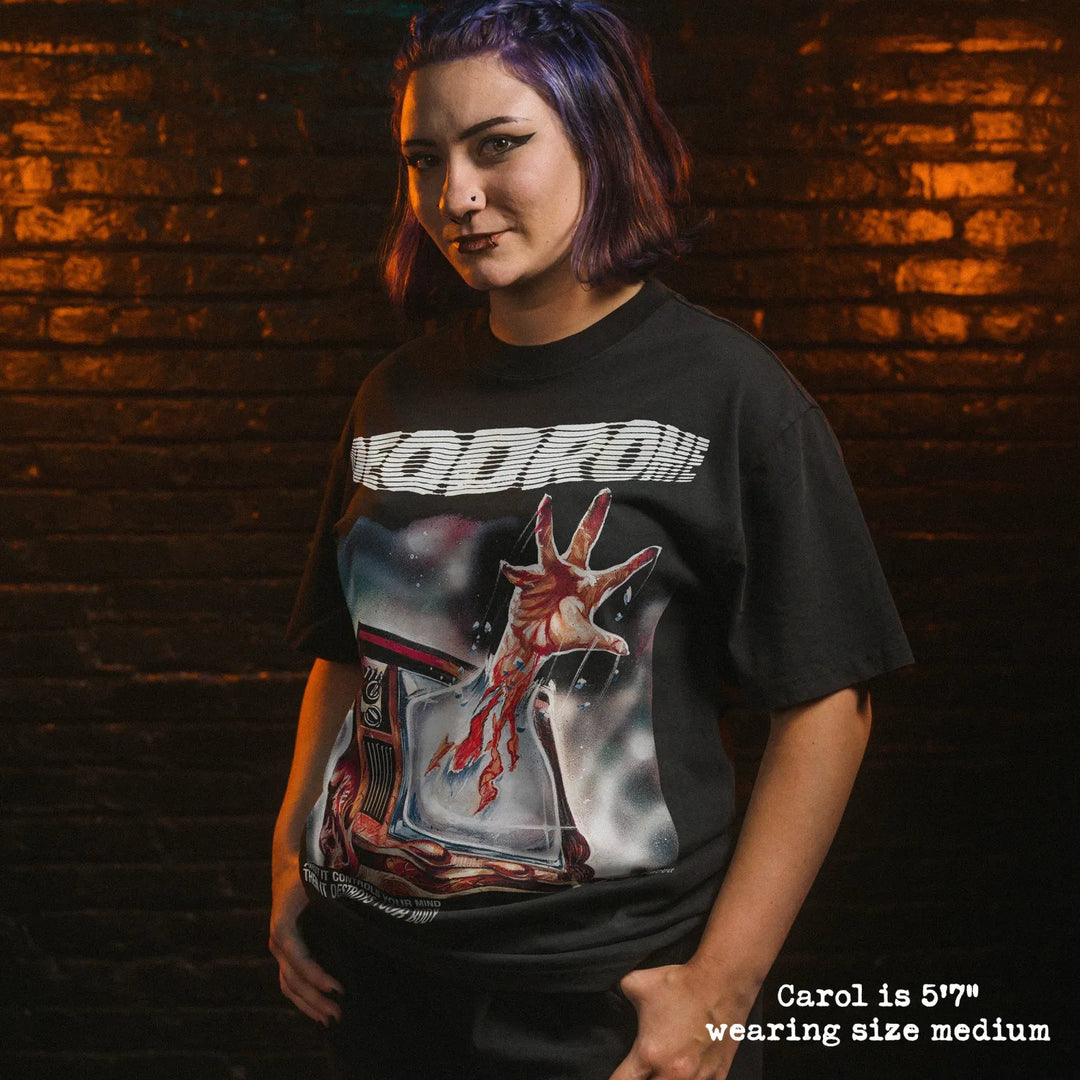 Model wearing heavy tee with videodrome graphic 