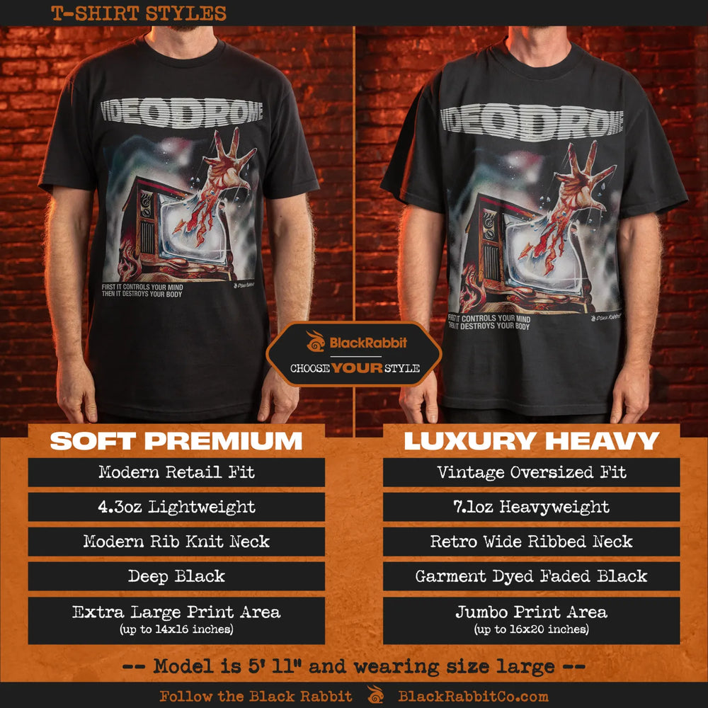 Two men modeling different styles of a black ’Videodrome’ t-shirt.