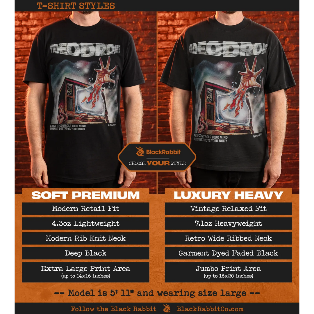 Two t-shirts with ’Videodrome’ design.