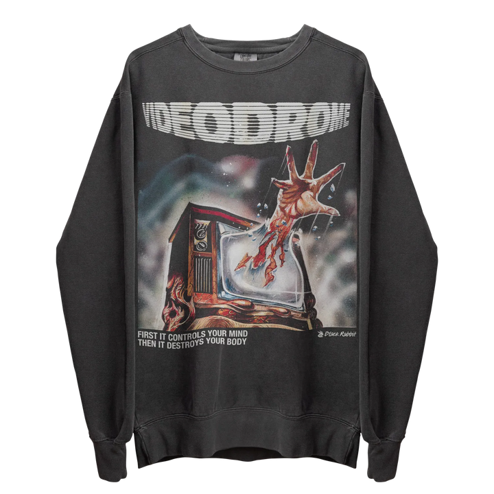 Dark gray long-sleeve sweatshirt with a ’Videodrome’ graphic print.