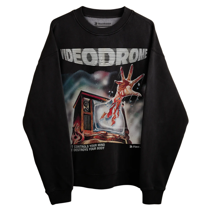 Black sweatshirt with graphic design of a tv and hand emerging from it, featuring the text ’deodrow’ across chest. 