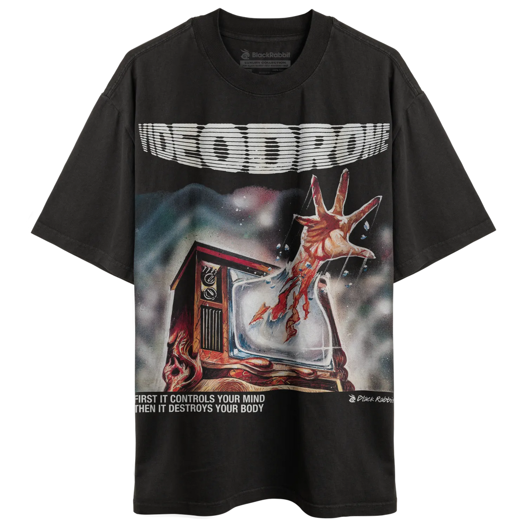Dark gray t-shirt with a ’Videodrome’ graphic featuring a hand emerging from a television.