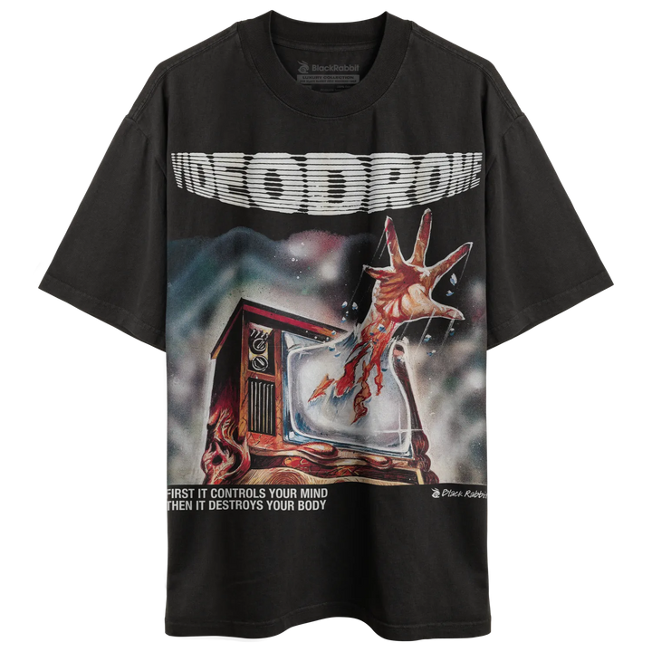 Dark gray t-shirt with a ’Videodrome’ graphic featuring a hand emerging from a television.