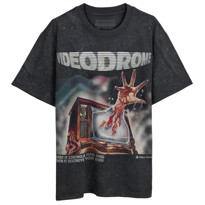 Dark grey short-sleeved t-shirt with a ’Videodrome’ graphic.