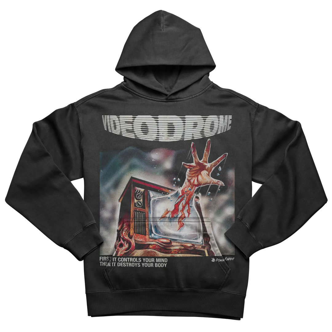 A black graphic hoodie with a horror-themed design.
