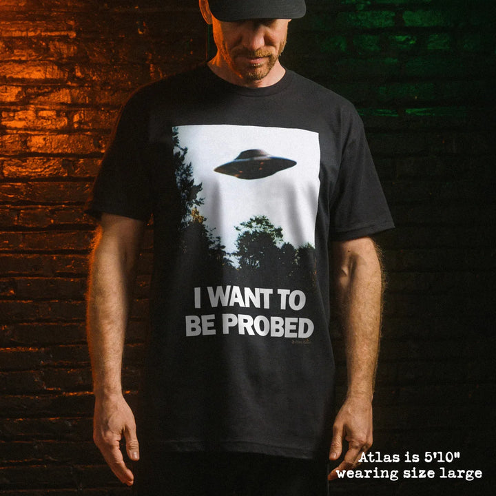Male model wear soft premium tee with I want to be probed graphic
