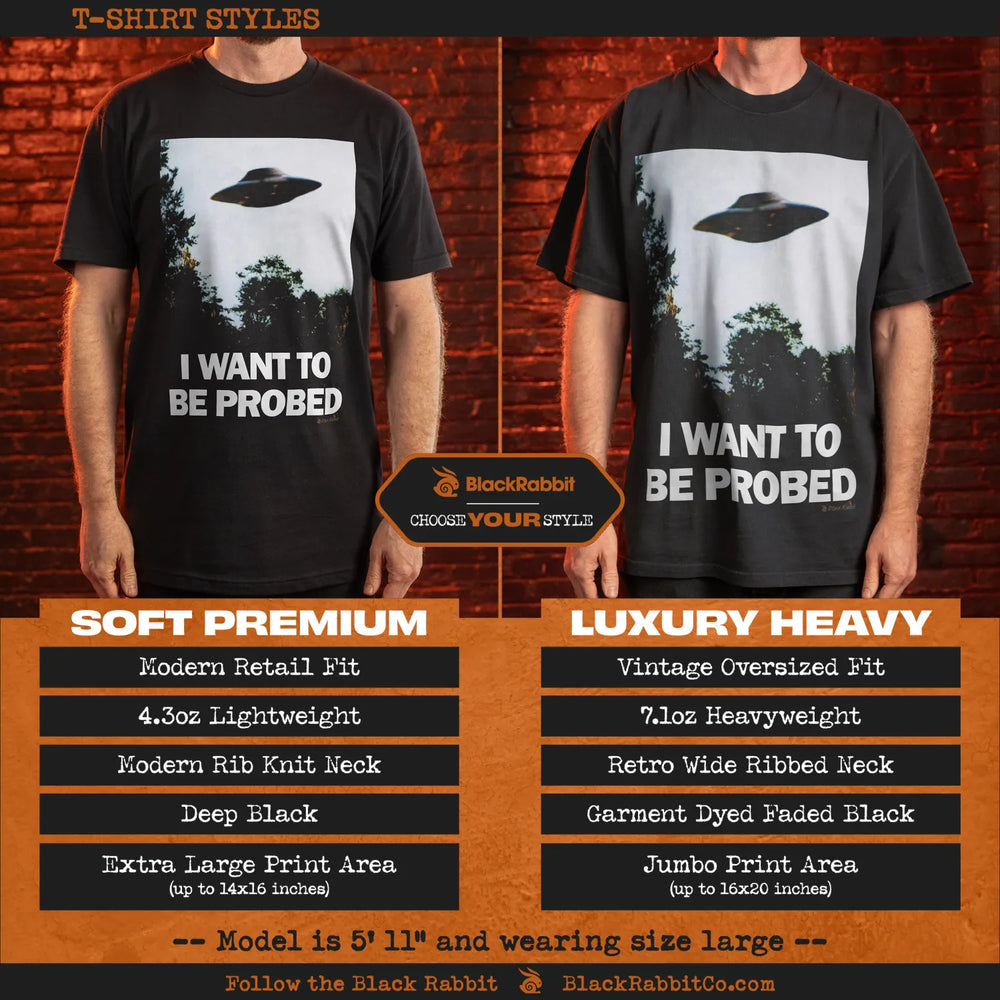 Black t-shirt with ufo design and text ’i want to be probed’ in retro style, featuring a vintage oversized fit.