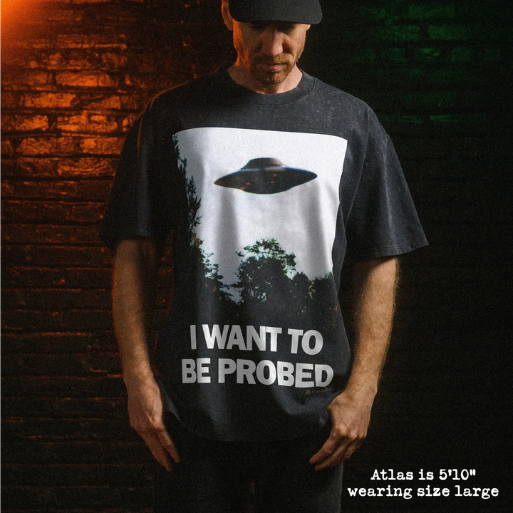 Male model wearing heavy stone washed tee with i want to be probed graphic. 