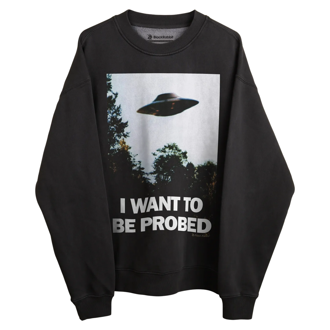 Charcoal gray sweatshirt with ufo graphic and text ’i want to be probed’ in white.