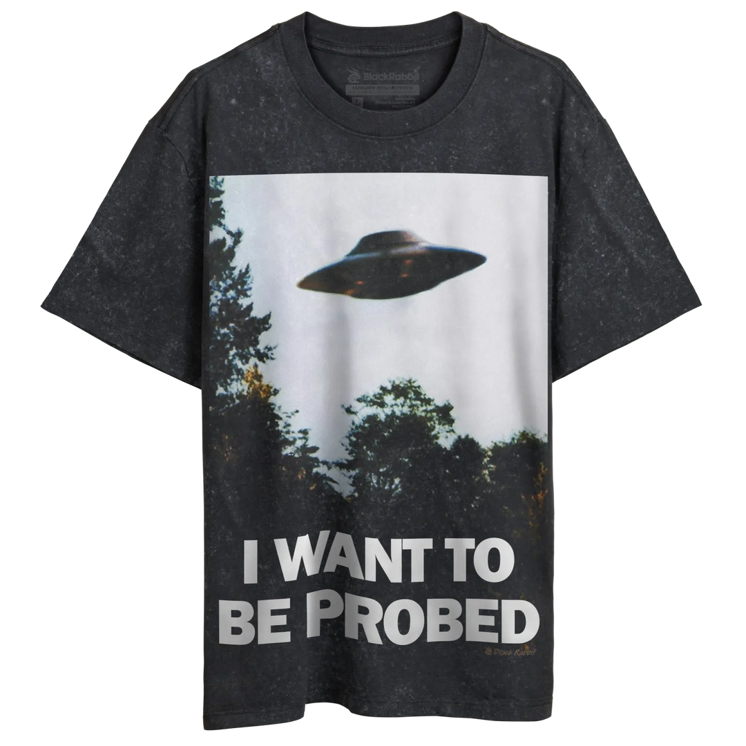 Charcoal gray t-shirt with ufo graphic and text ’i want to be probed’ in white.