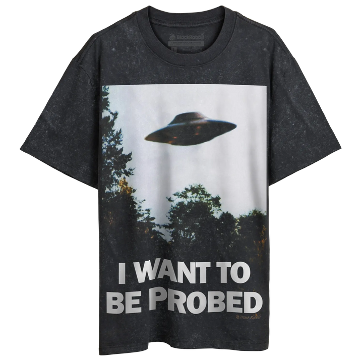 Charcoal gray t-shirt with ufo graphic and text ’i want to be probed’ in white.