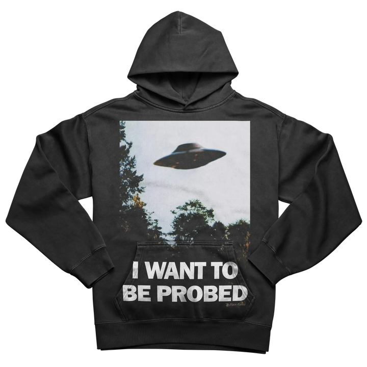 Charcoal hoodie with ufo graphic and text ’i want to be probed’ on front.