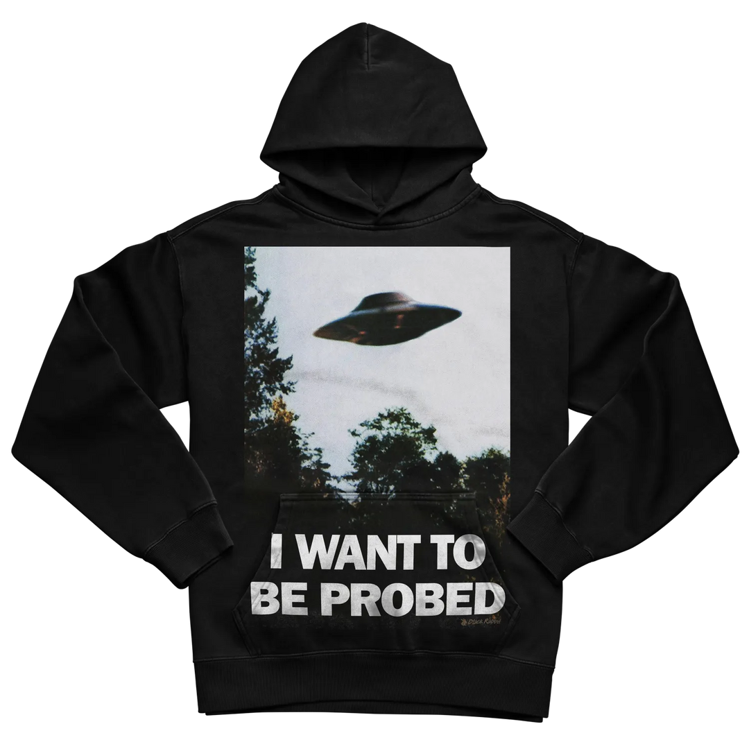 Black hoodie with ufo graphic and text ’i want to be probed’ on front.