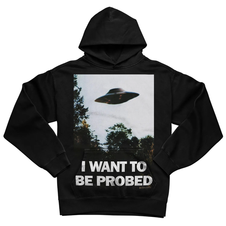 Black hoodie with ufo graphic and text ’i want to be probed’ on front.