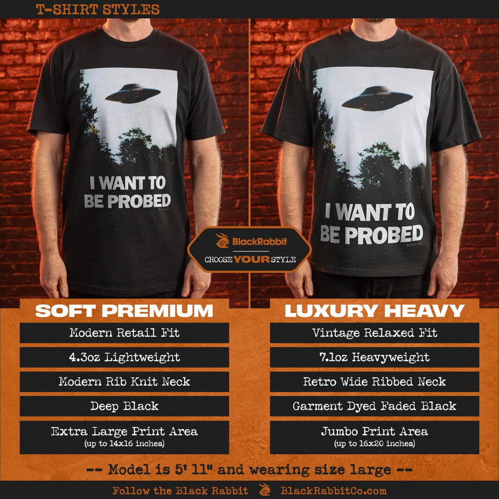 Two t-shirts with a UFO and the text ’I WANT TO BE PROBED’.