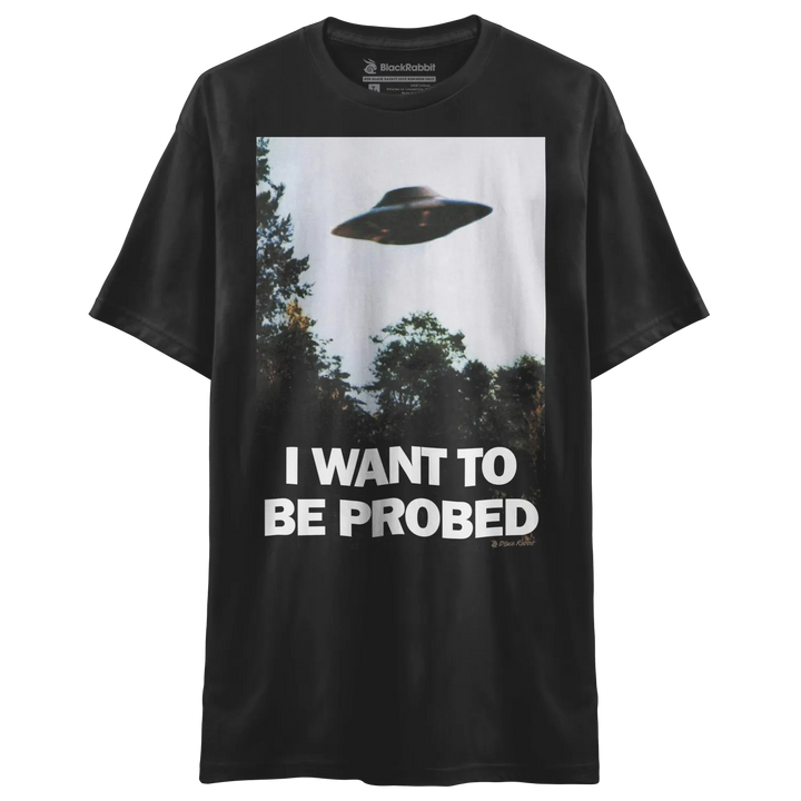 Black t-shirt with ufo graphic and text ’i want to be probed’ in white.