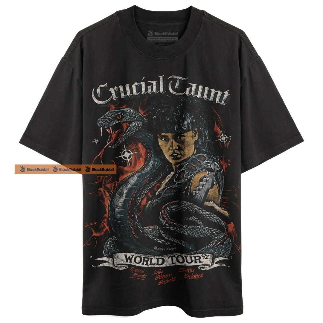 Black graphic t-shirt.