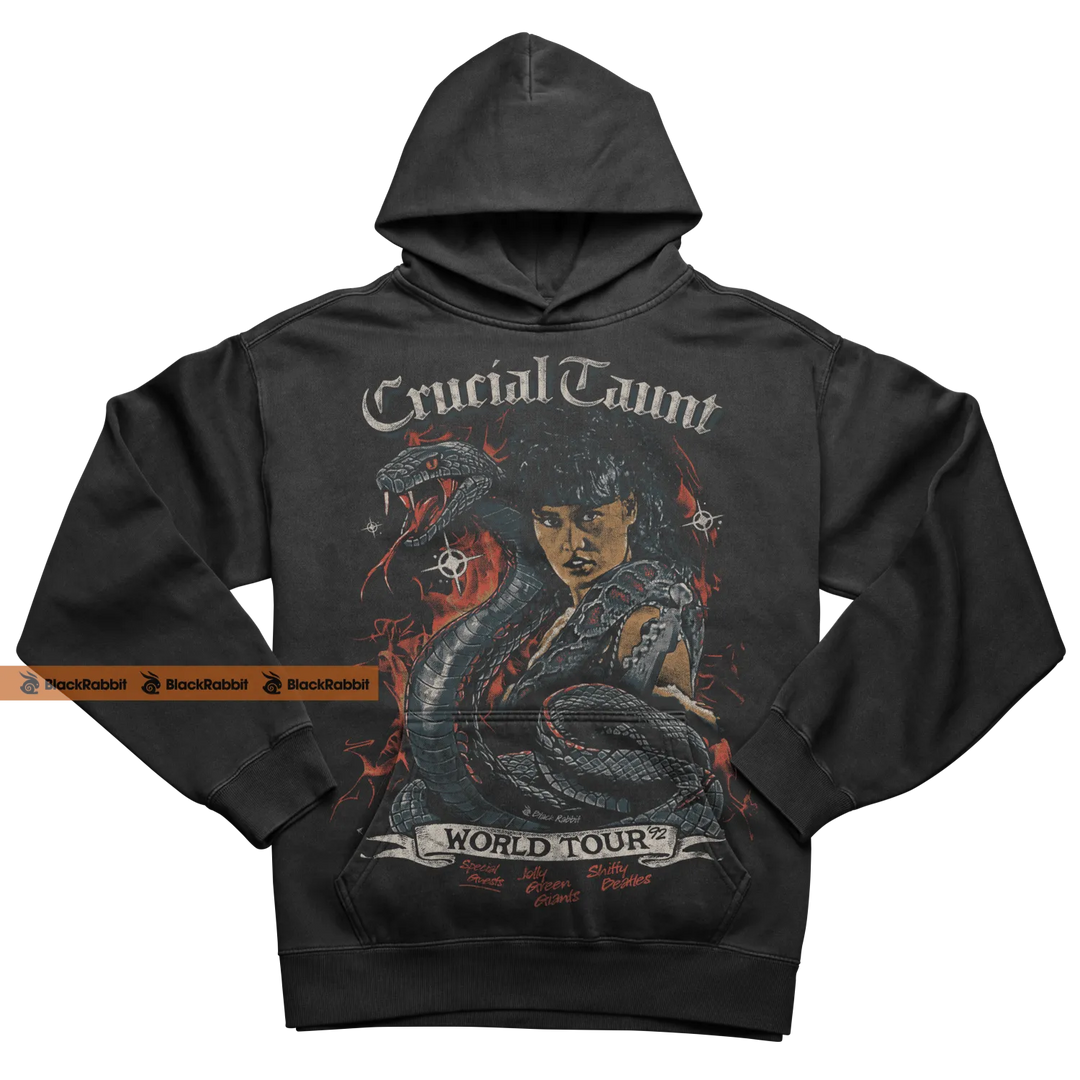 Black hooded sweatshirt with graphic.
