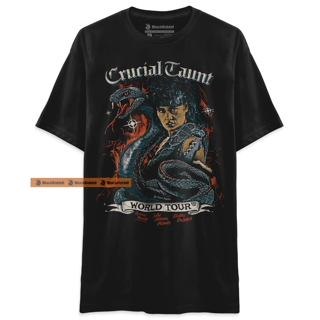Black graphic t-shirt.