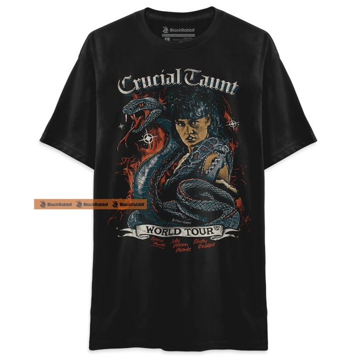 Black graphic t-shirt.