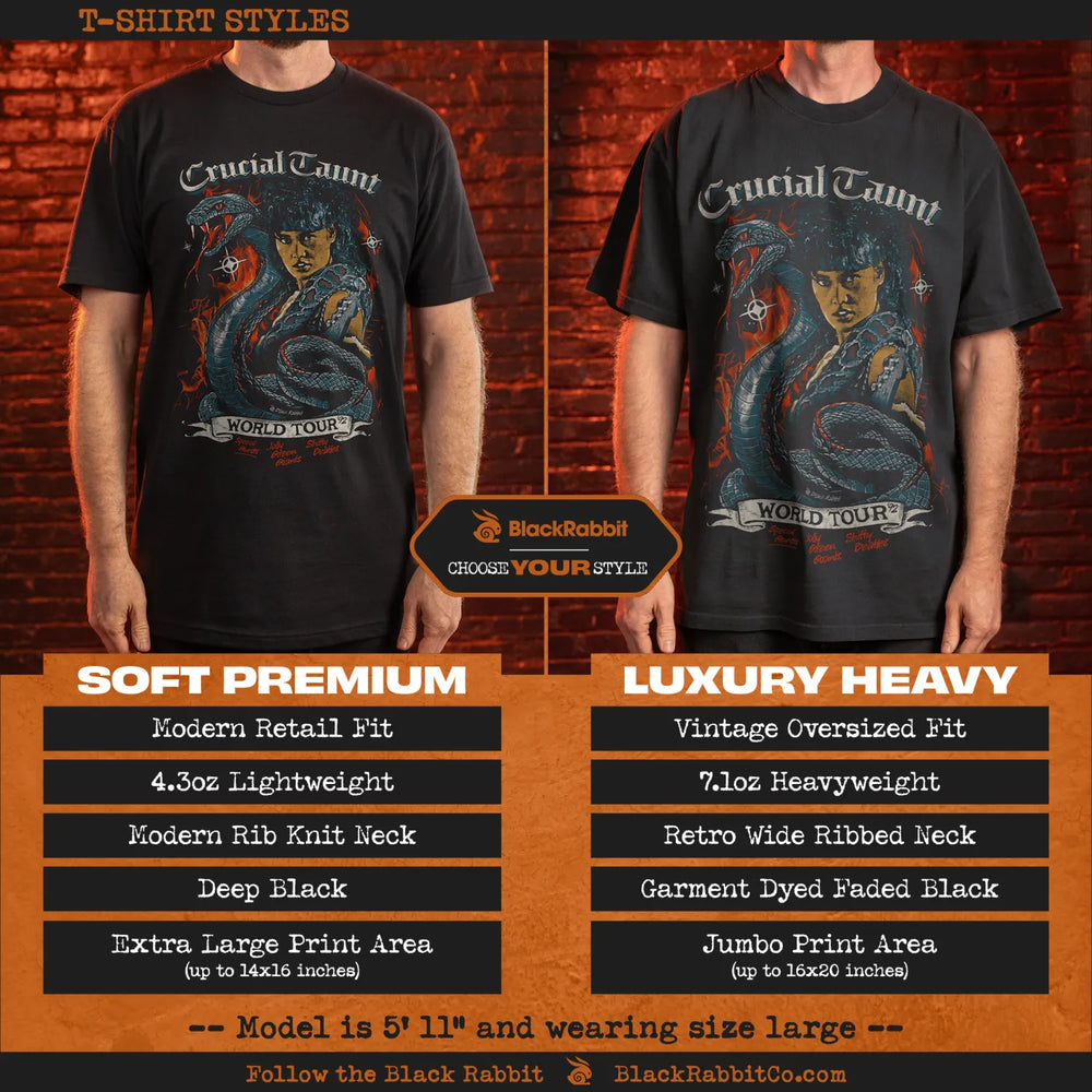 Two black t-shirts with a ’Crucial Taunt World Tour’ graphic, one a soft premium fit and the other a luxury heavy vintage oversized fit.