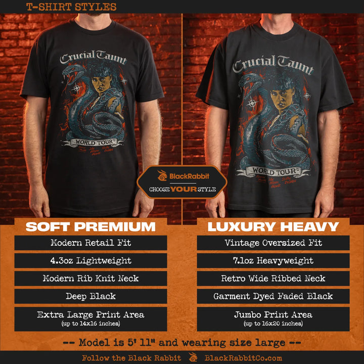 Two black t-shirts with a ’Crucial Taunt World Tour’ graphic, one a soft premium fit and the other a luxury heavy vintage oversized fit.