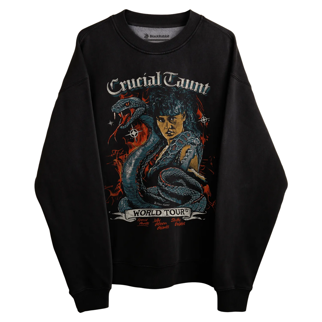 Black sweatshirt with ’crucial taunt world tour’ graphic design featuring a woman and snake.