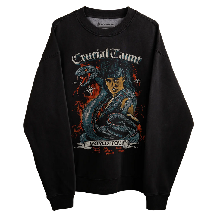 Black sweatshirt with ’crucial taunt world tour’ graphic design featuring a woman and snake.