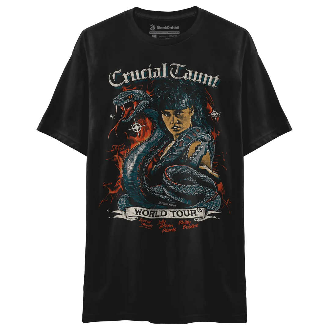 Black graphic t-shirt with a serpent and woman design.