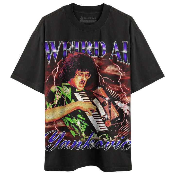 Black graphic t-shirt featuring ’Weird Al’ Yankovic playing an accordion with lightning bolts.