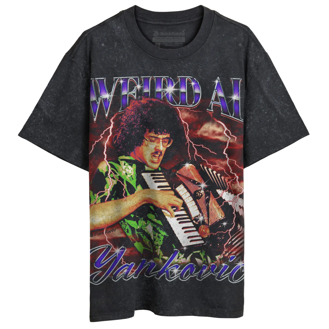 Dark gray t-shirt with a graphic print of ’Weird Al’ Yankovic playing an accordion, surrounded by lightning bolts and the text ’Yankovic.’