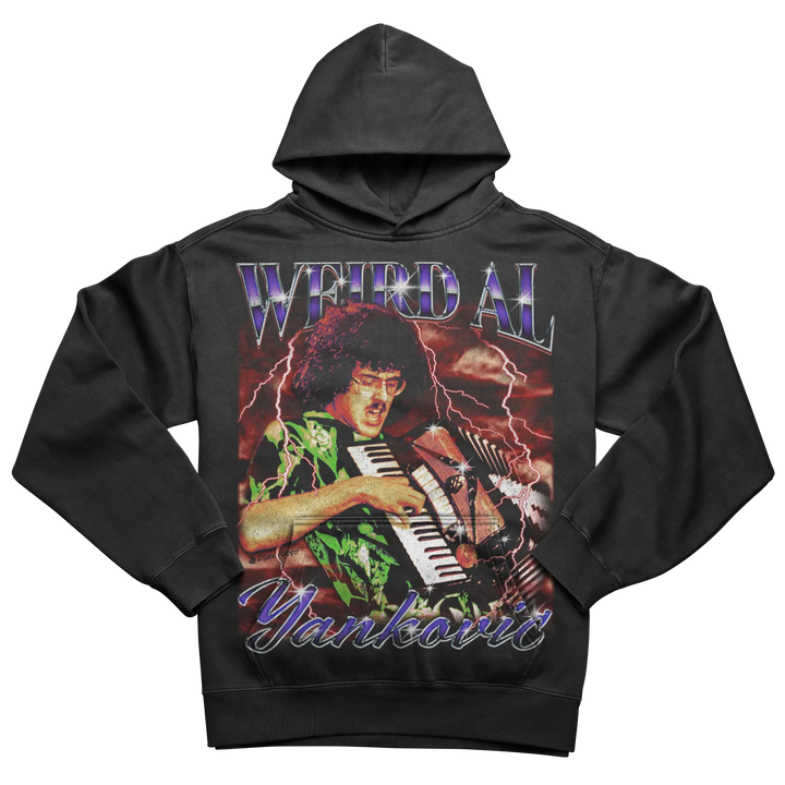 Black hoodie with a colorful graphic of ’Weird Al’ Yankovic playing an accordion.