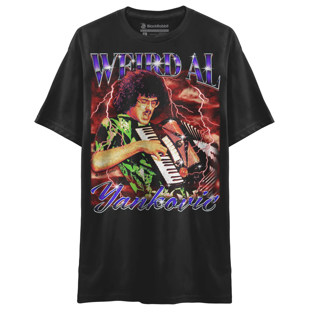 Black t-shirt with a ’Weird Al Yankovic’ graphic.