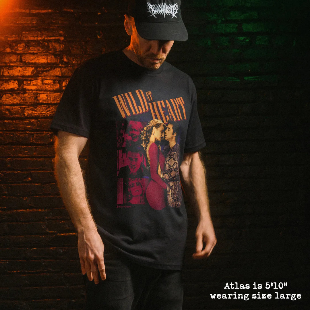 Male model wear soft premium tee with wild at heart graphic
