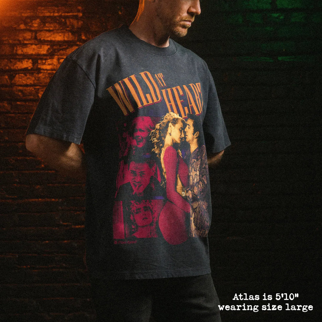 Male model wearing stone wash heavy tee with wild at heart graphic 