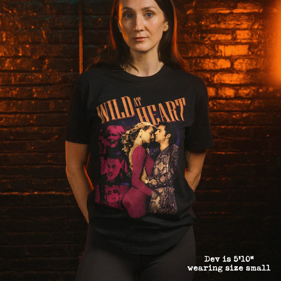 model wear soft premium tee with wild at heart graphic
