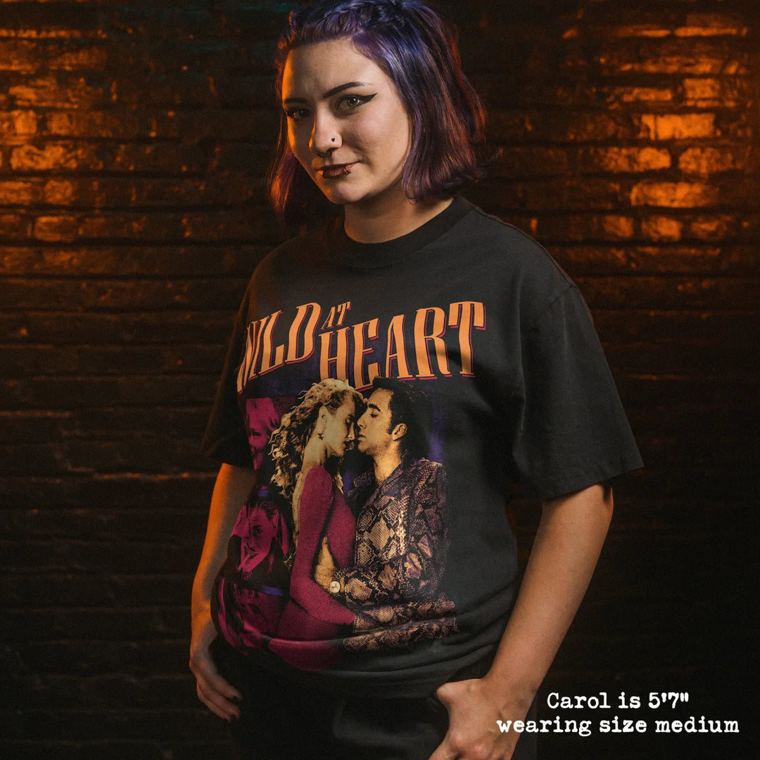 Model wearing heavy tee with wild at heart graphic 