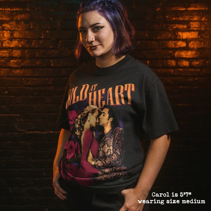 Model wearing heavy tee with wild at heart graphic 