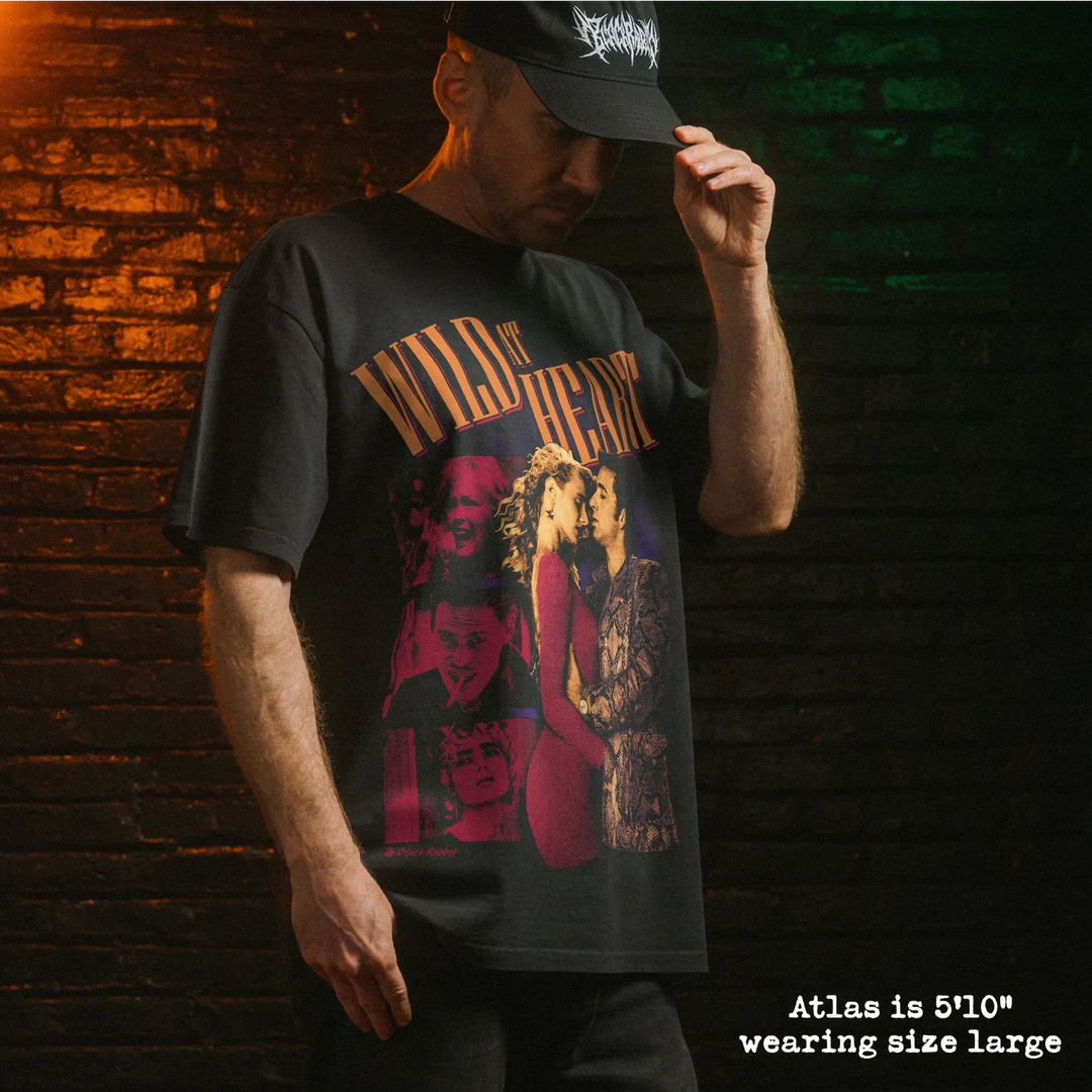 Model wearing heavy tee with wild at heart graphic 